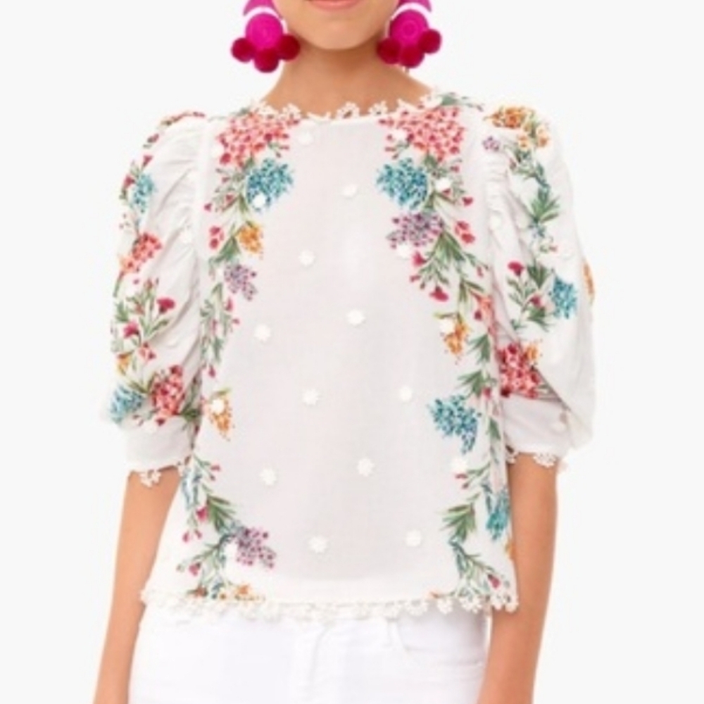 FARM RIO Louise Floral White Multi Floral Puff Sleeve Top M Like New RARE - Picture 3 of 16